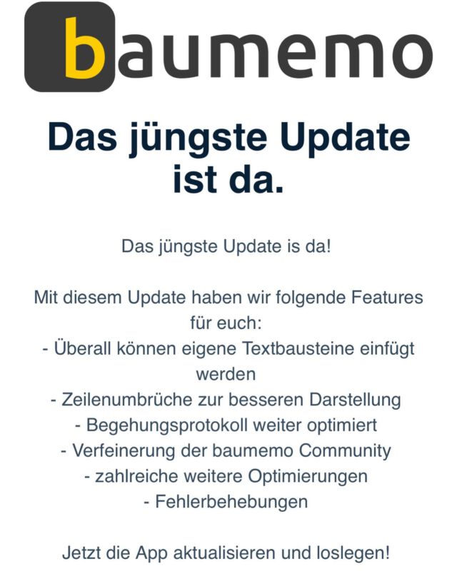 Unser nächstes Update ist da!
Wer noch nicht hat, dann jetzt.
#bautagebuch #baustellendokumentation #hochbau #bauleiter #bauleiterin